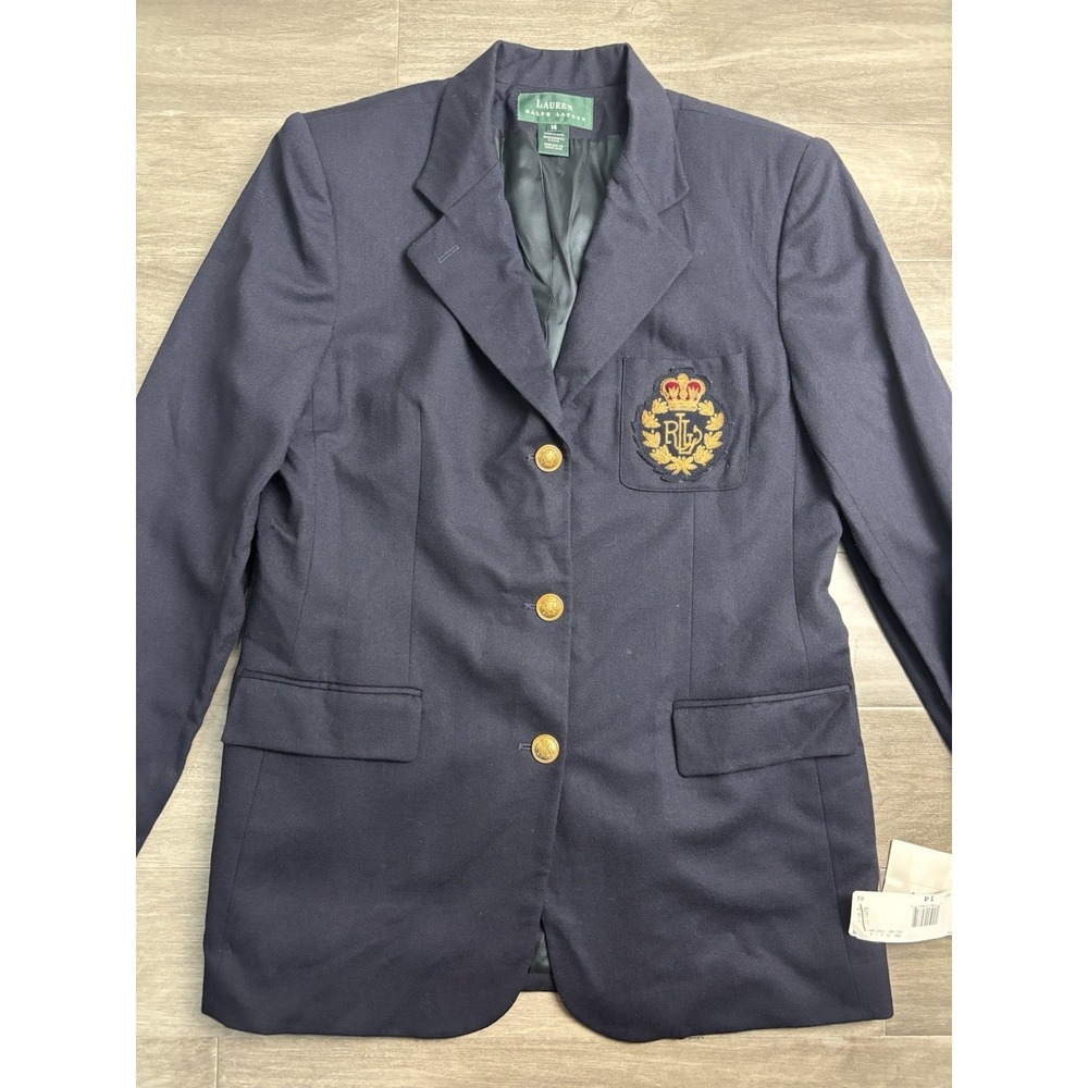 Lauren Ralph Lauren Navy Wool Blazer Womens 14 Gold Buttons Crest Vintage NEW